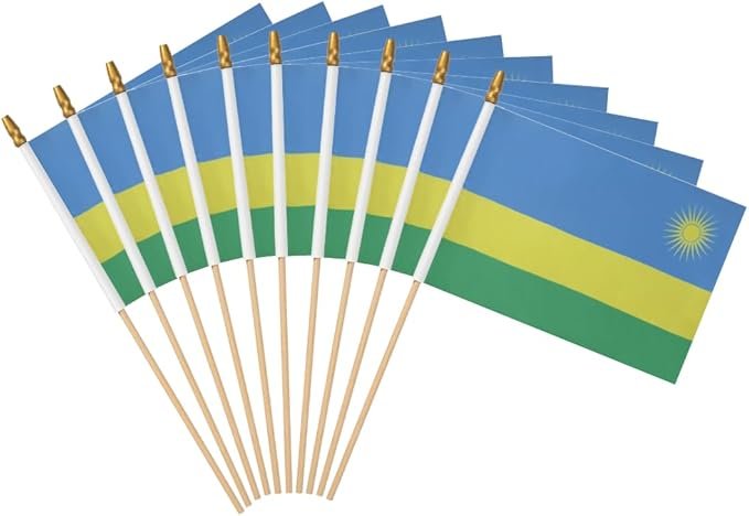 PRDRWNDN® | Proud Rwandan - 12 Pack Rwanda Handheld Stick Flag 5x8 Inch on Wood Stick Small Mini Handheld Flags,Party Decor Parades Festival Event Celebration. (Rwanda, 5x8in)